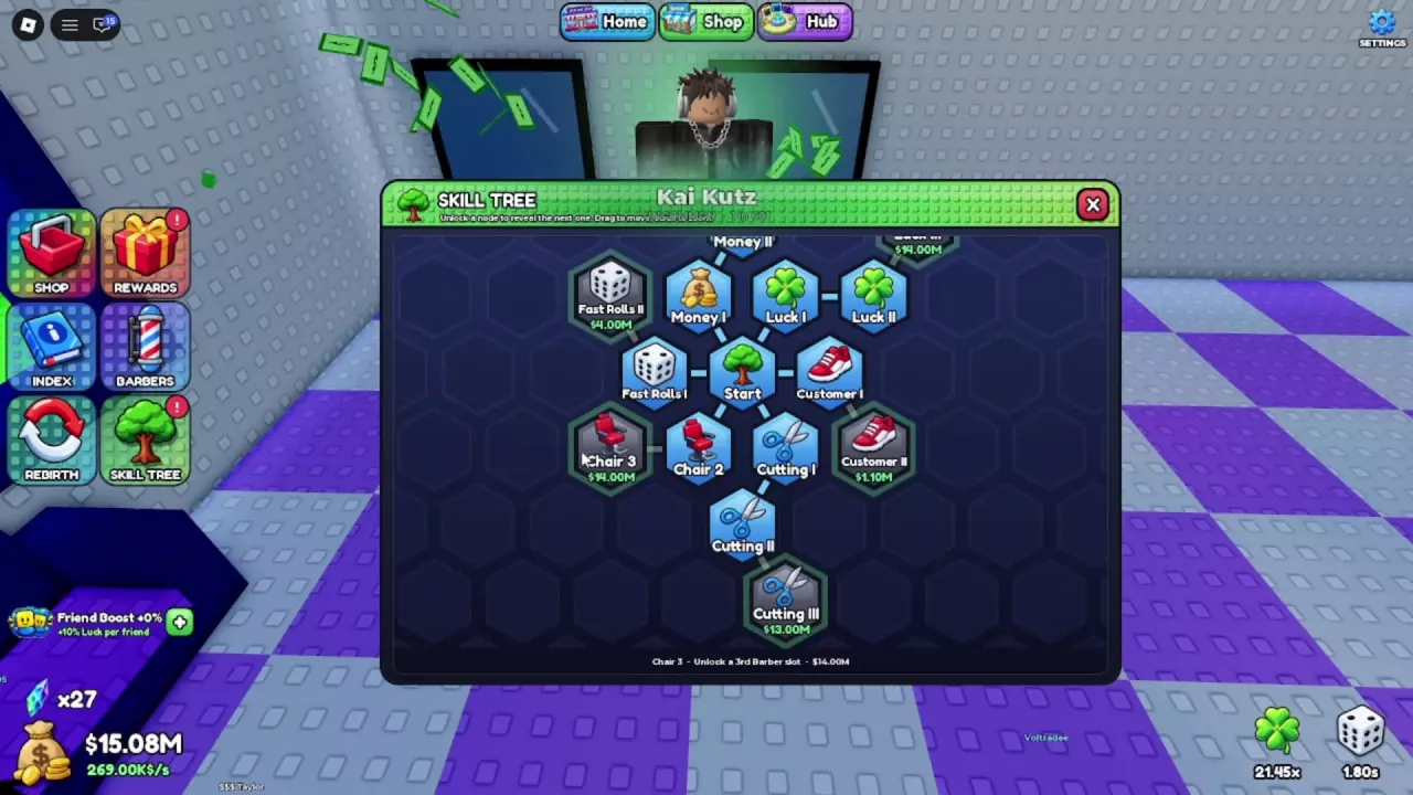 Chair 3 connected to the unlocked Chair 2 node, priced at $14M.