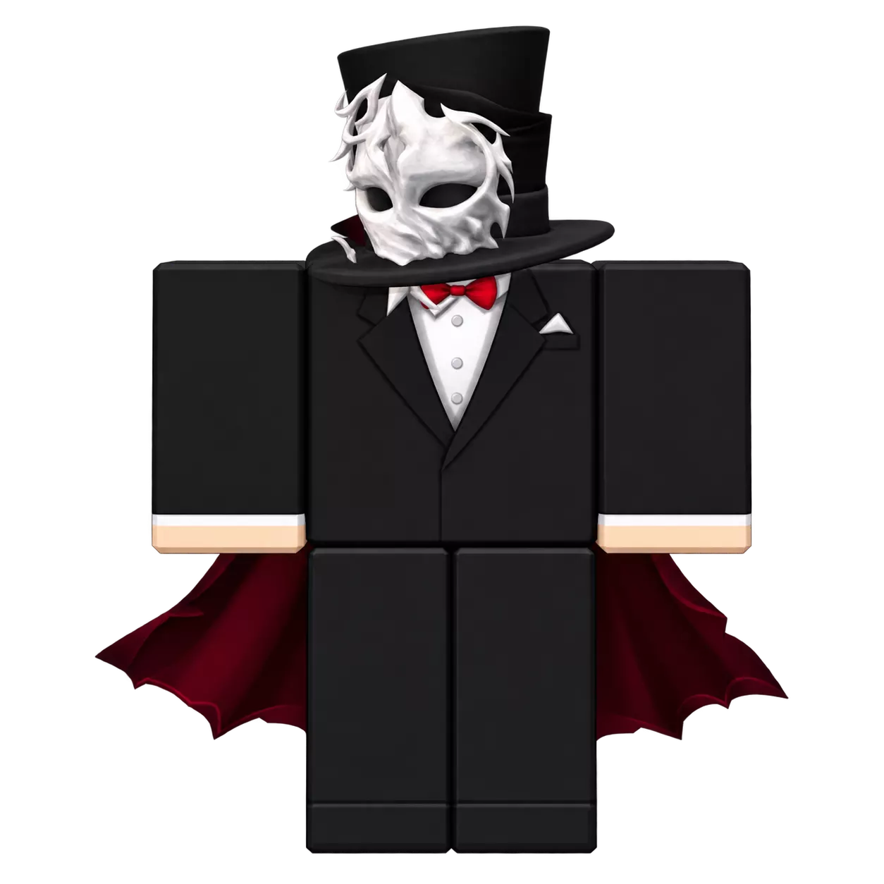 Fade Phantom wearing a white skull mask, black tuxedo, red bow tie and dark red cape.
