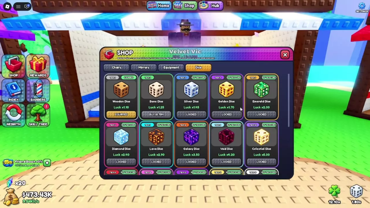 SHOP Dice tab with Wooden Dice marked EQUIPPED, Bone Dice priced at $3.70M and total luck at &times;12.10.