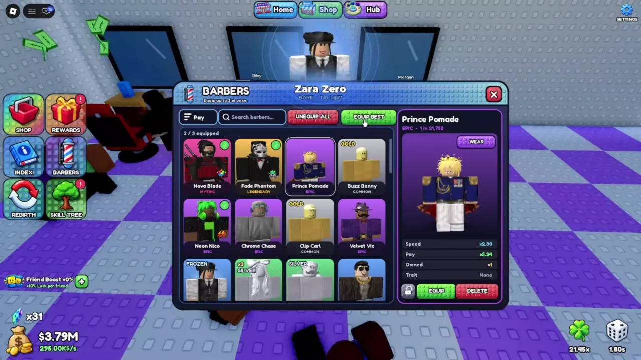 BARBERS menu showing EQUIP BEST, three equipped barbers and a 3/3 counter.