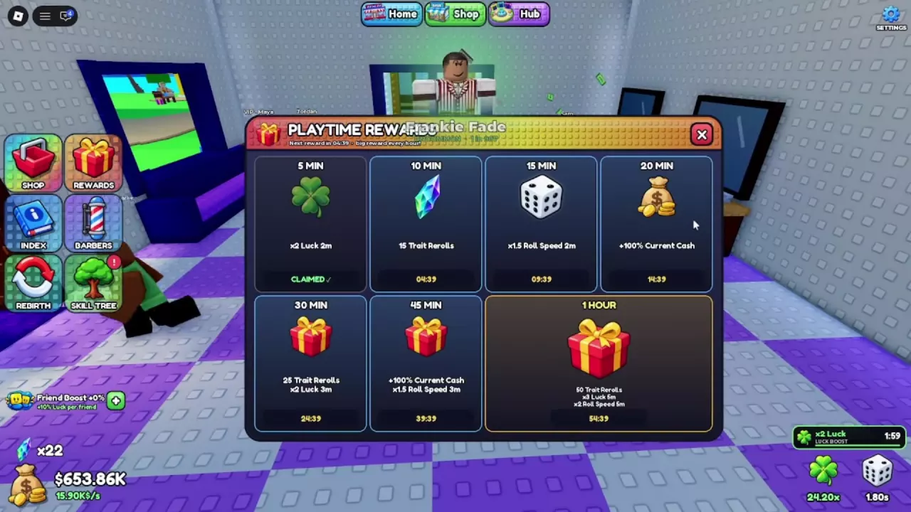 Claimed five-minute luck reward with an active x2 Luck timer and 24.20&times; total luck.