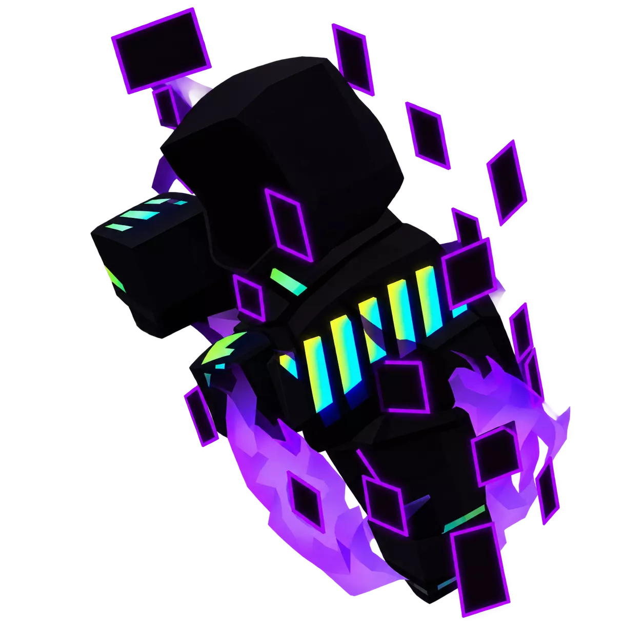 NULL BARBER with a black hood, colorful chest stripes and floating purple square frames.