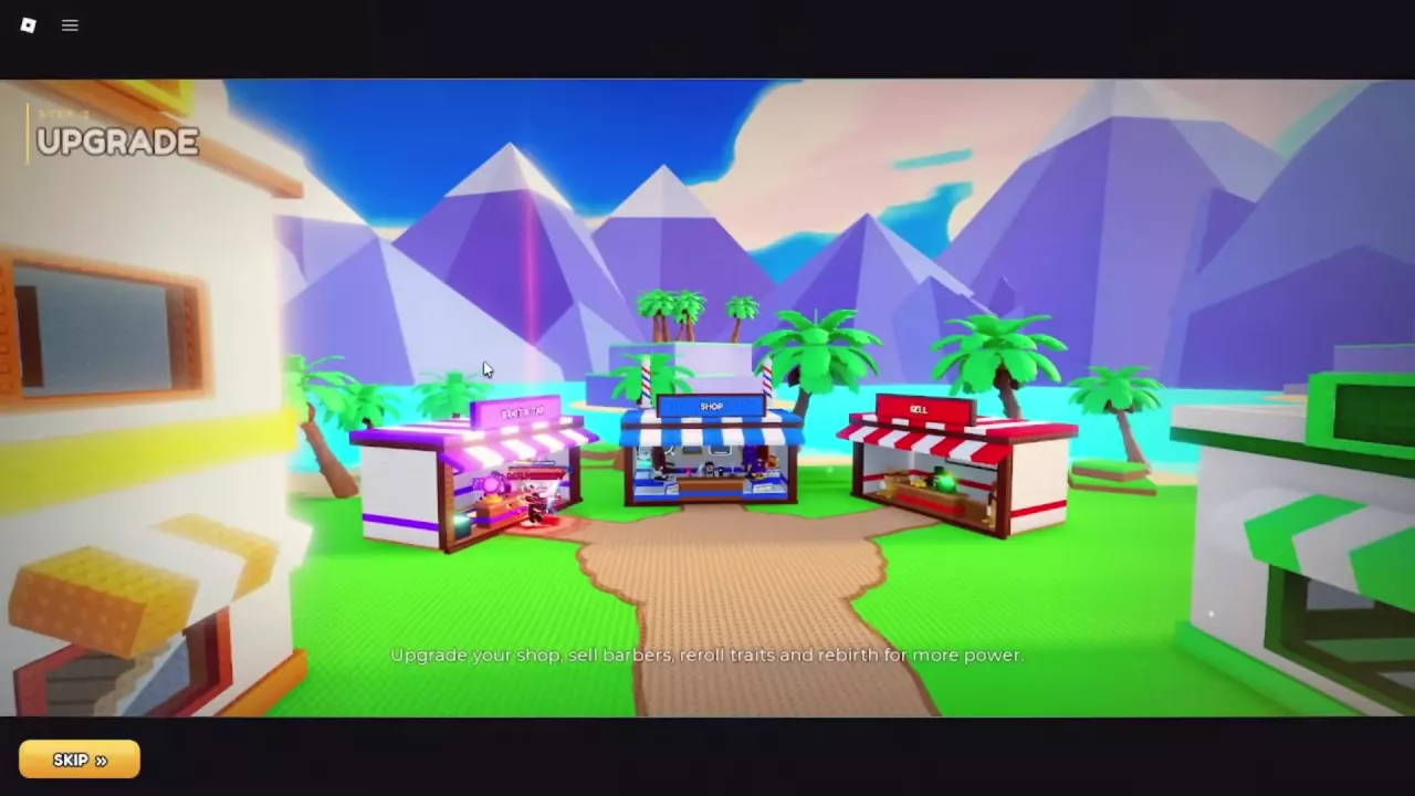 Plaza stalls with the purple Trait Altar on the left, blue Shop in the center and red Sell stall on the right.
