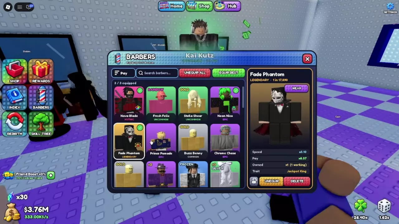 BARBERS menu with Equip Best, three equipped checkmarks, and Fade Phantom's working status.