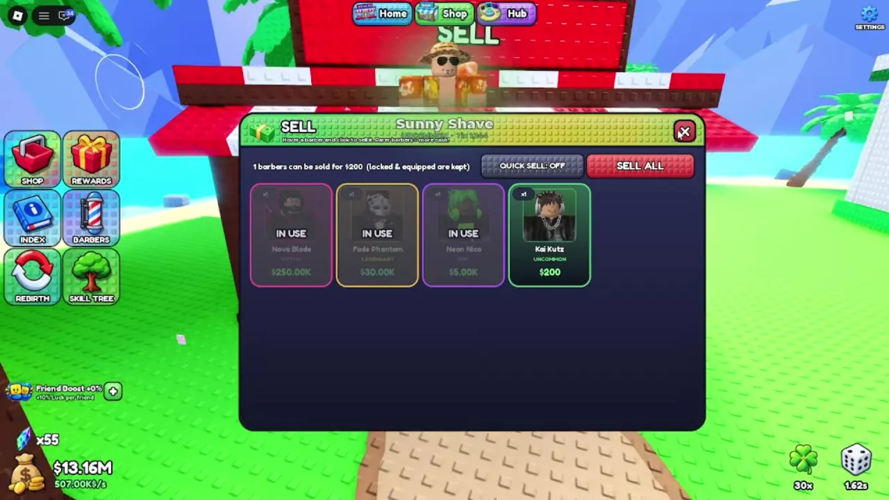 Sell menu with Kai Kutz eligible for $200 and three barbers marked In Use.