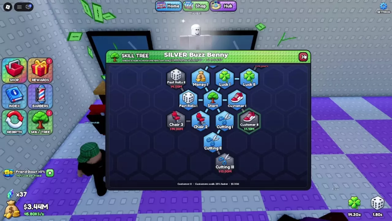 Skill Tree with Customer II highlighted at $1.10M and its 25% faster walking description.