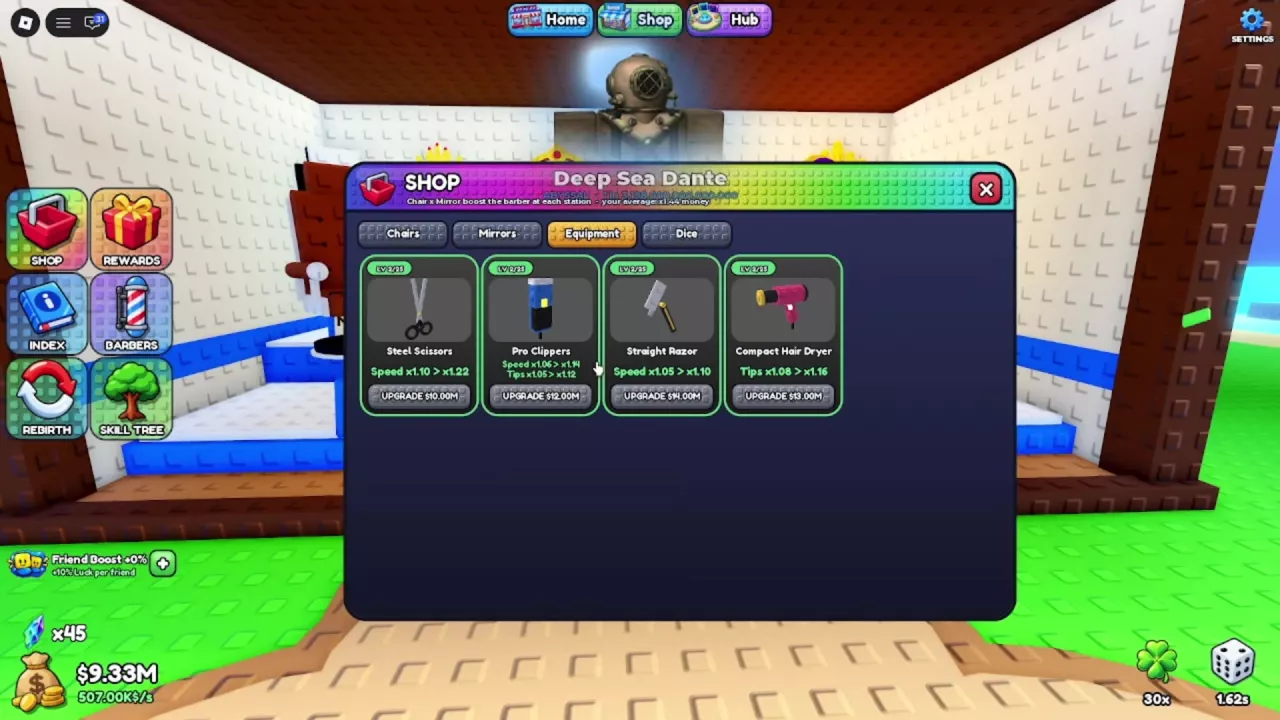SHOP Equipment tab with Level 2 upgrade previews and UPGRADE buttons for Pro Clippers and Compact Hair Dryer.