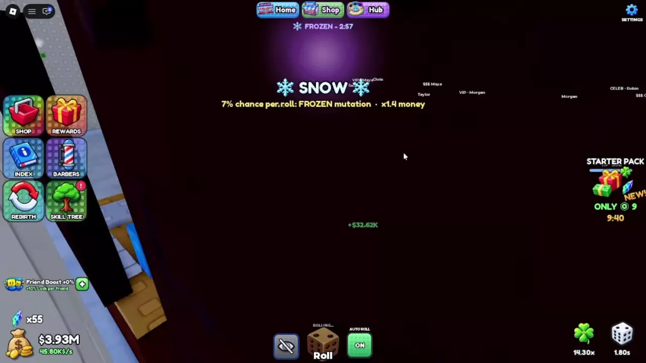 Snow notice showing the 7% Frozen mutation chance, &times;1.4 money bonus, and weather timer.