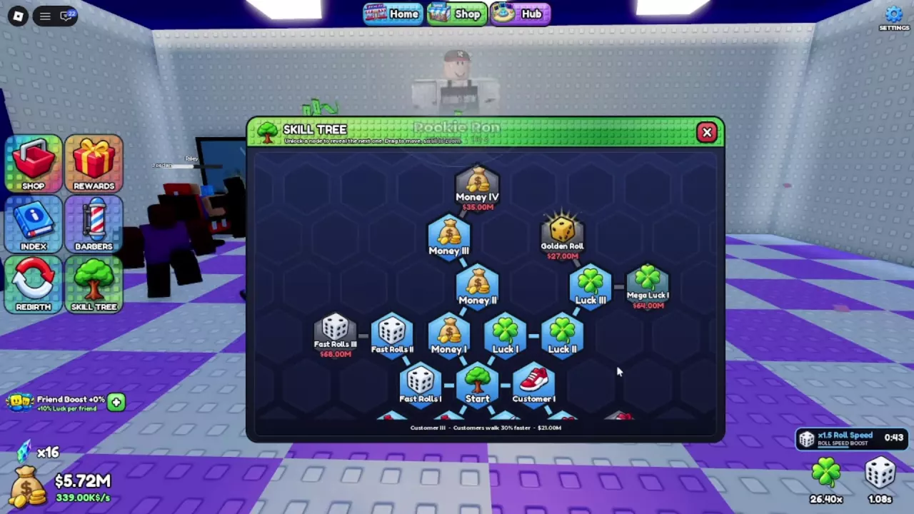 Skill Tree with blue purchased nodes, connected Money and Luck branches, and a tooltip along the bottom.
