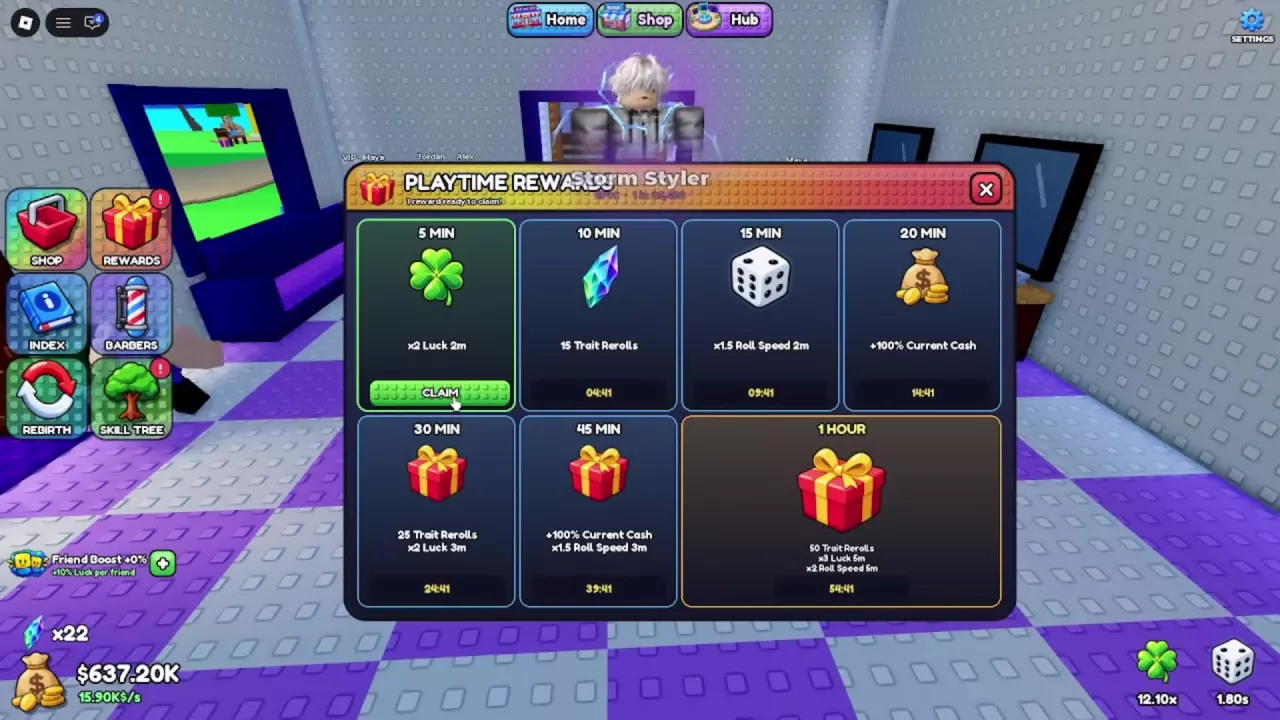 Playtime Rewards menu with the 5-minute luck reward ready to claim and the 15-minute roll-speed tier.