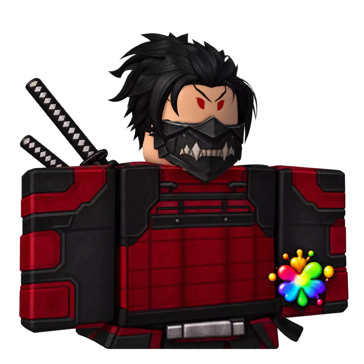 Nova Blade with black hair, a dark face mask, red-and-black samurai armor and swords.