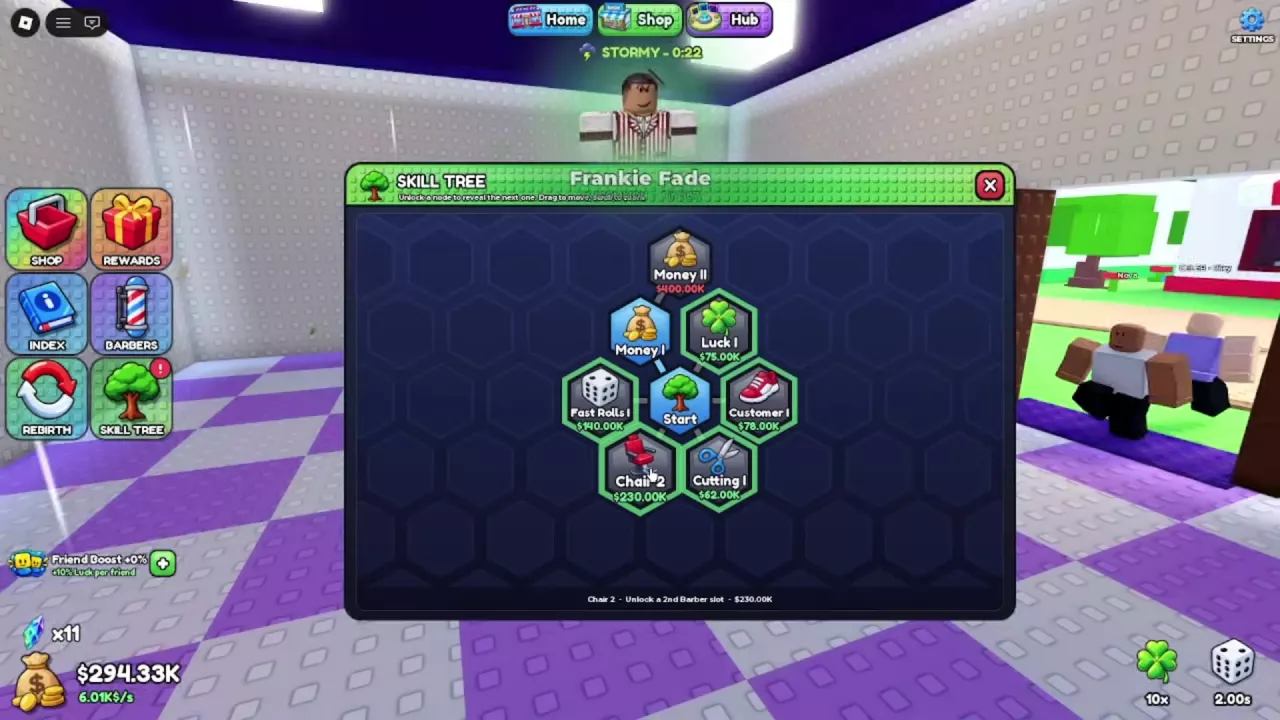 Chair 2 in the Skill Tree with its $230K price and second-slot description.