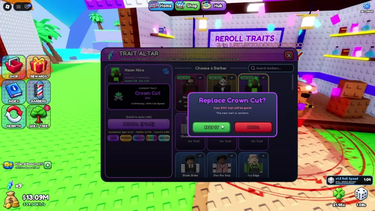 Crown Cut replacement confirmation at the Trait Altar with KEEP IT and REROLL buttons.