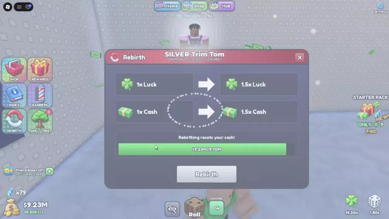 Rebirth panel with the $9.70M requirement, &times;1.5 Luck and Cash previews, cash-reset notice, and gray Rebirth button.