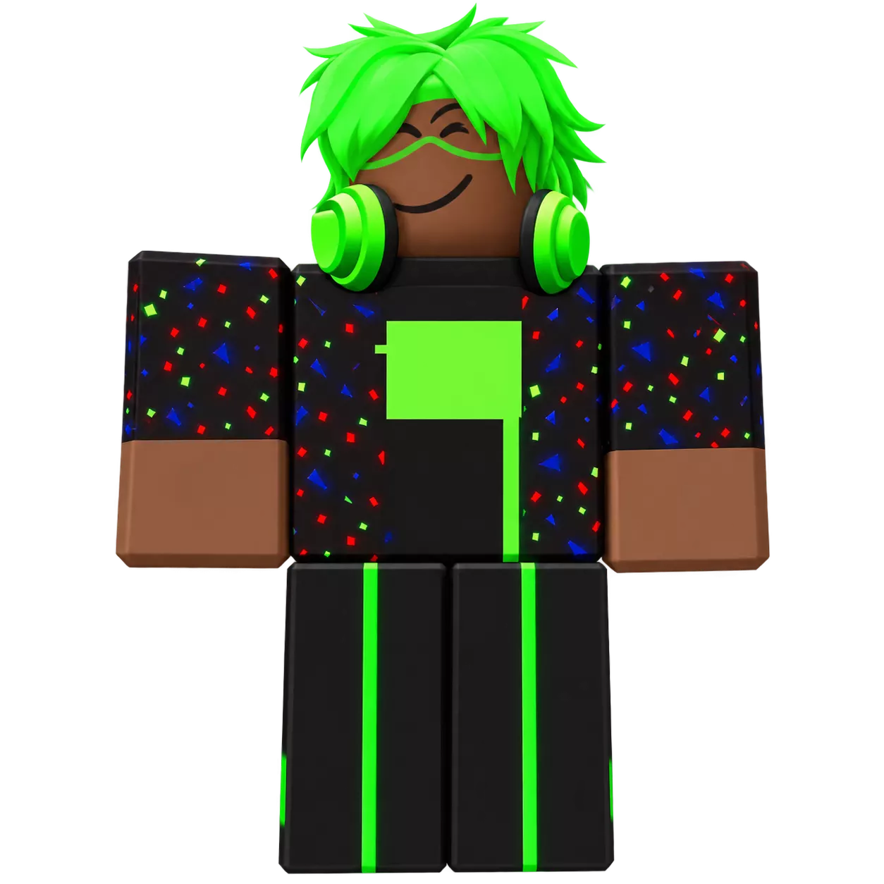 Neon Nico with bright green hair, green headphones and black clothing with neon-green accents.