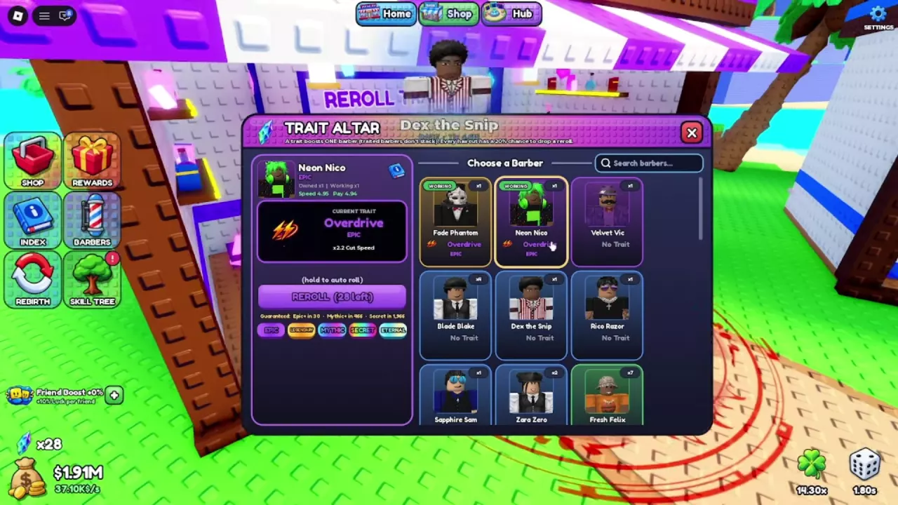 Neon Nico selected at the Trait Altar with Overdrive, the reroll balance and rarity countdowns visible.