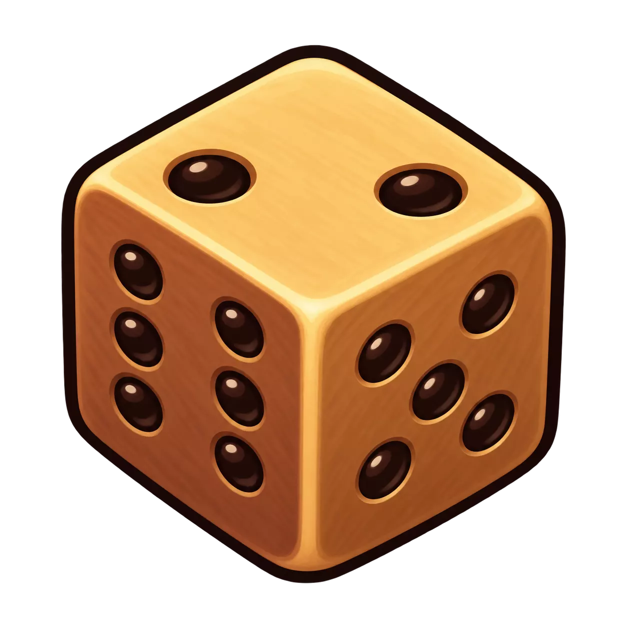 A brown wooden die with dark pips.