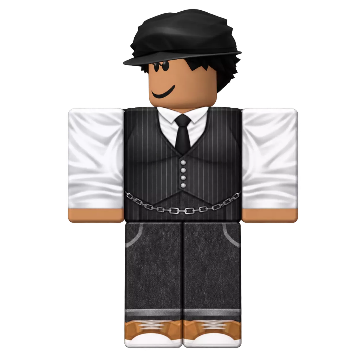Blade Blake wearing a black hat, white shirt and dark pinstriped vest and trousers.